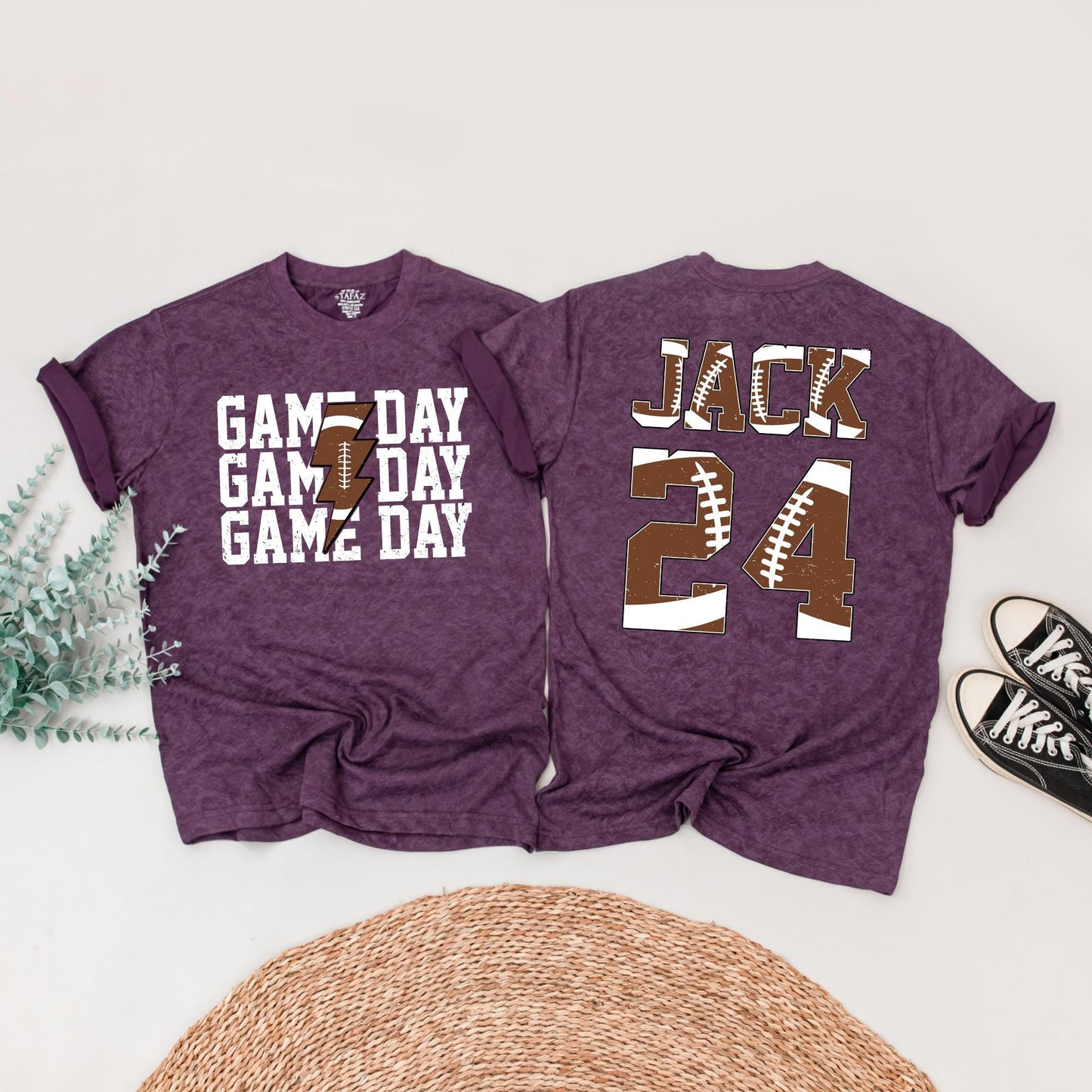 Matching Football Game Day Shirts, Personalized Custom Name & Number Family Outfit, Brown Football Texture Design, Touchdown Season Sports Tee