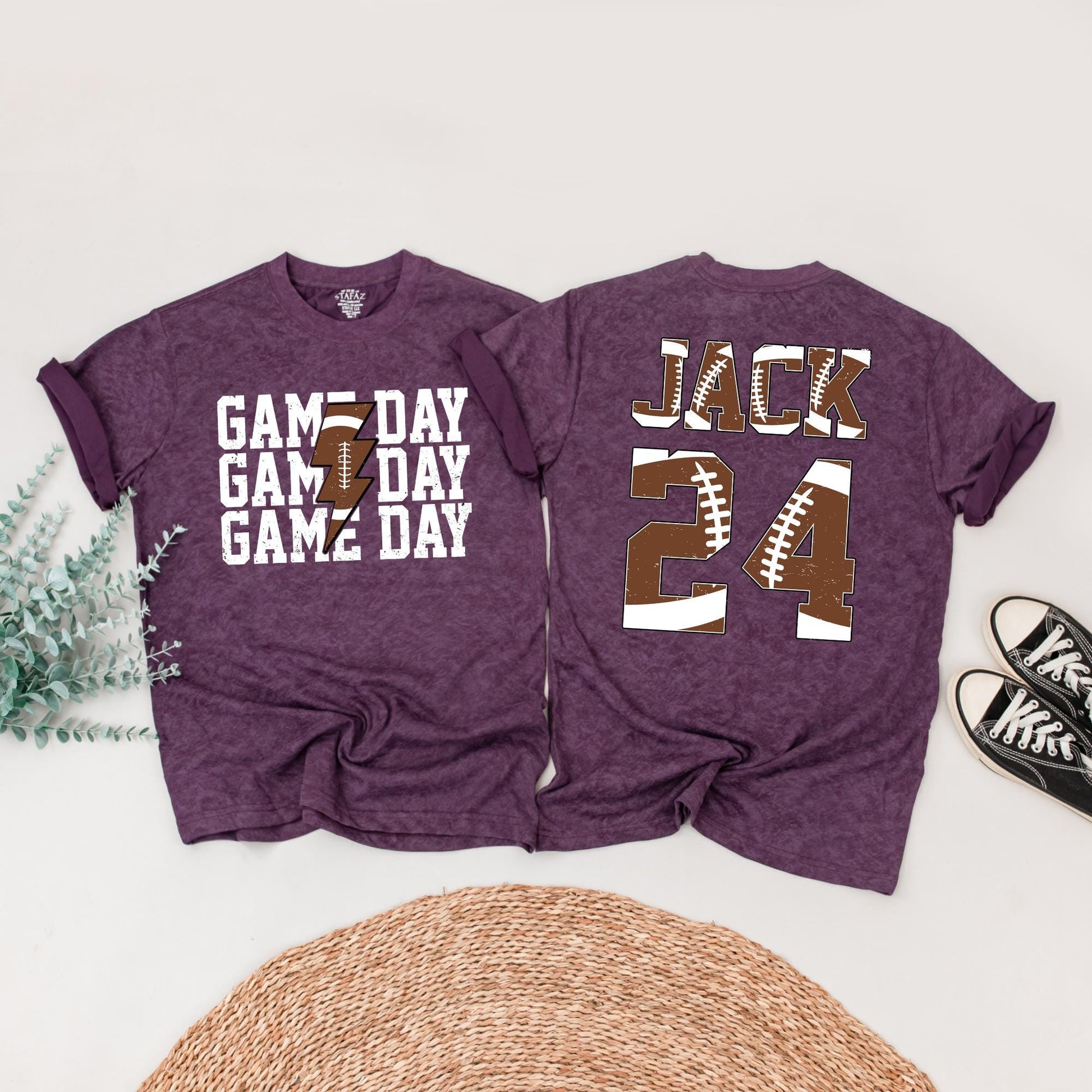 Matching Football Game Day Shirts, Personalized Custom Name & Number Family Outfit, Brown Football Texture Design, Touchdown Season Sports Tee