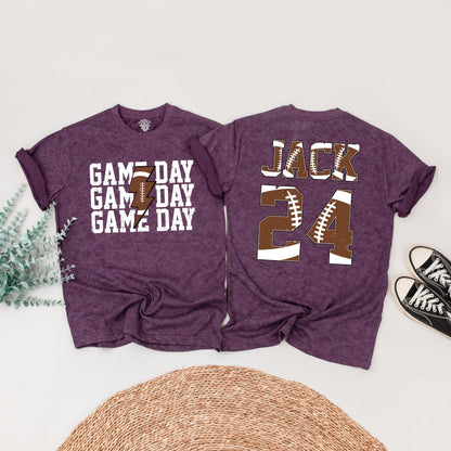 Matching Football Game Day Shirts, Personalized Custom Name & Number Family Outfit, Brown Football Texture Design, Touchdown Season Sports Tee