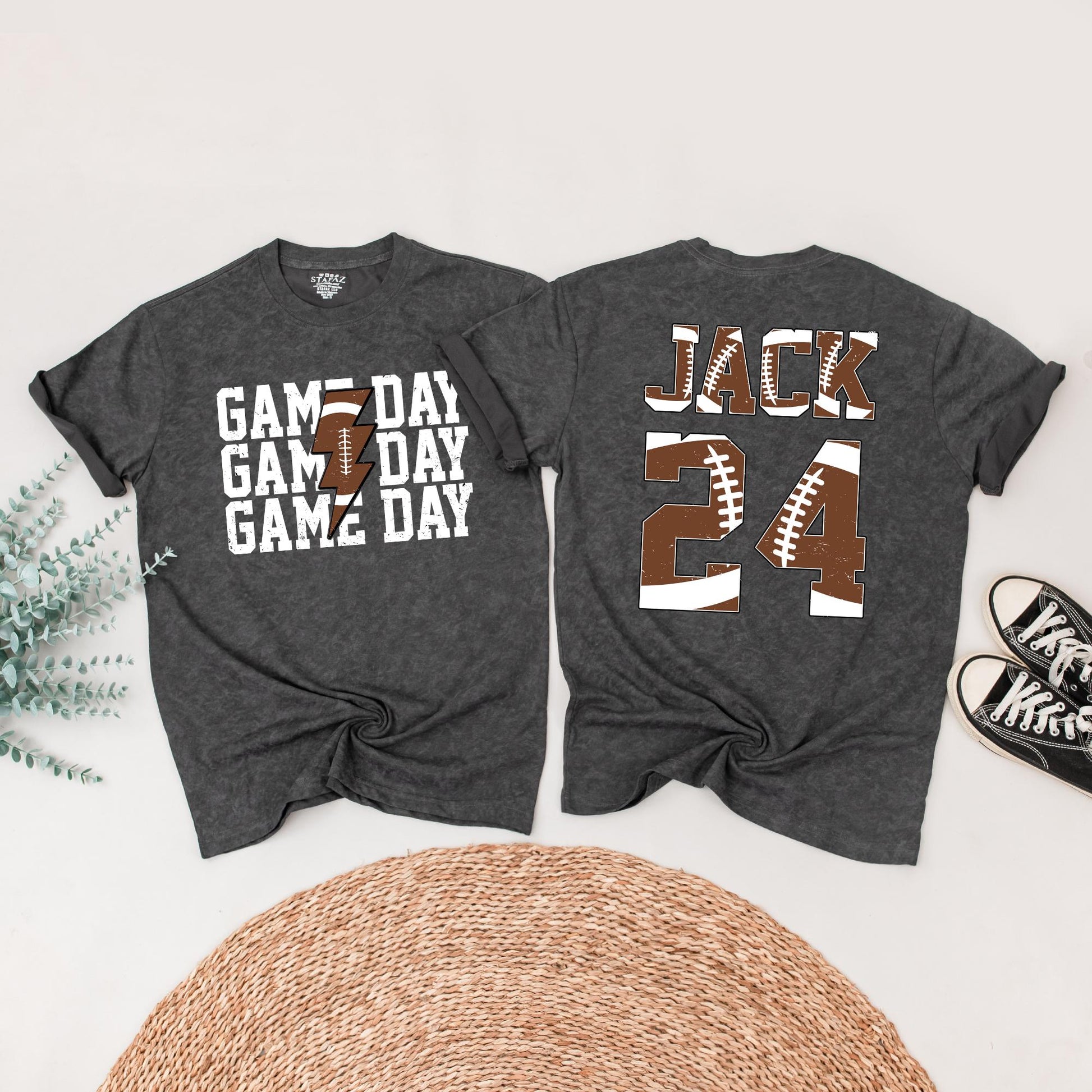 Matching Football Game Day Shirts, Personalized Custom Name & Number Family Outfit, Brown Football Texture Design, Touchdown Season Sports Tee
