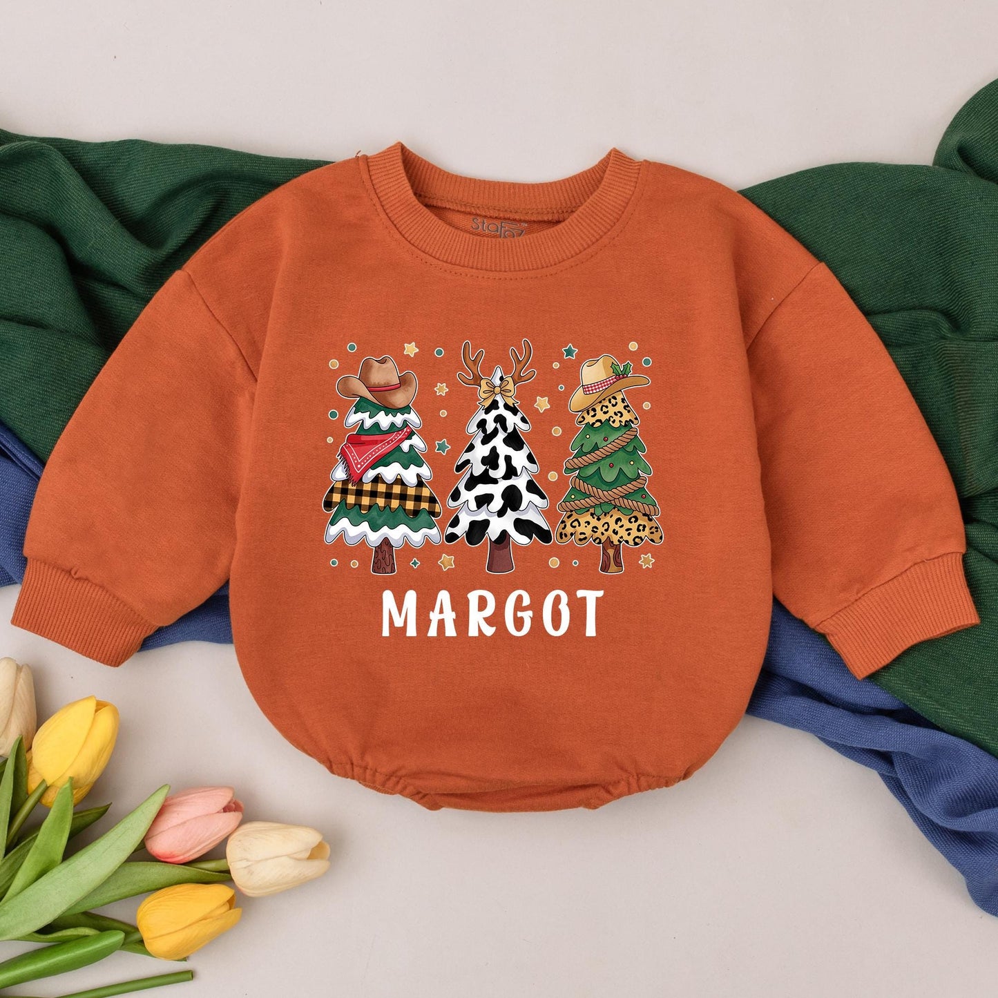 Personalized Western Christmas Baby Romper Margot Custom Name Baby Shower Winter Outfit with Cowboy Hat Cow Print & Leopard Trees
