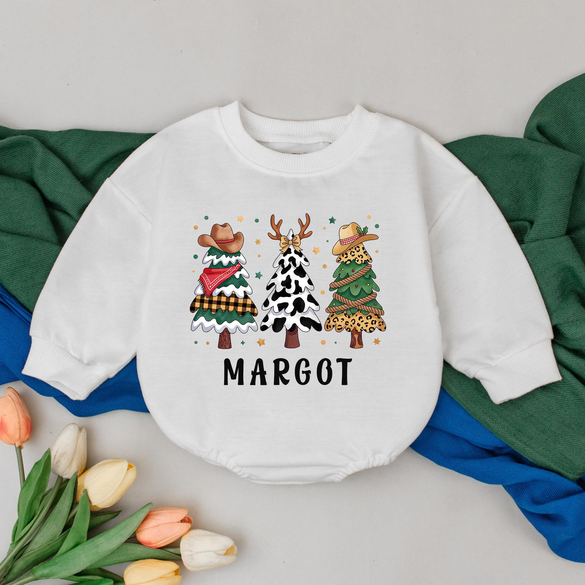 Personalized Western Christmas Baby Romper Margot Custom Name Baby Shower Winter Outfit with Cowboy Hat Cow Print & Leopard Trees