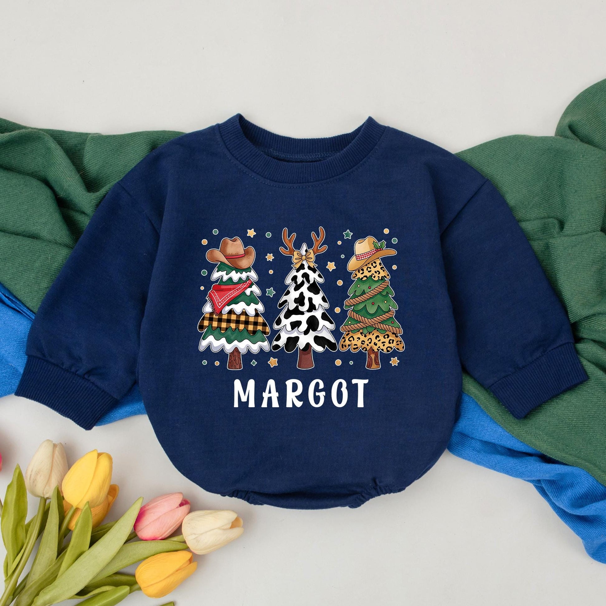 Personalized Western Christmas Baby Romper Margot Custom Name Baby Shower Winter Outfit with Cowboy Hat Cow Print & Leopard Trees
