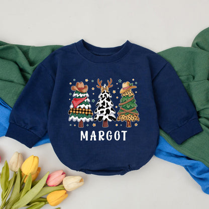 Personalized Western Christmas Baby Romper Margot Custom Name Baby Shower Winter Outfit with Cowboy Hat Cow Print & Leopard Trees