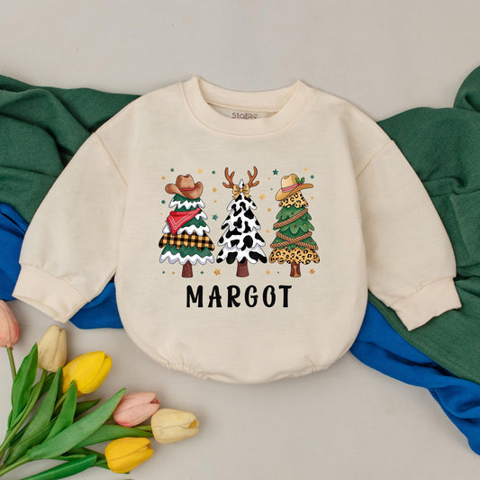 Personalized Western Christmas Baby Romper Margot Custom Name Baby Shower Winter Outfit with Cowboy Hat Cow Print & Leopard Trees