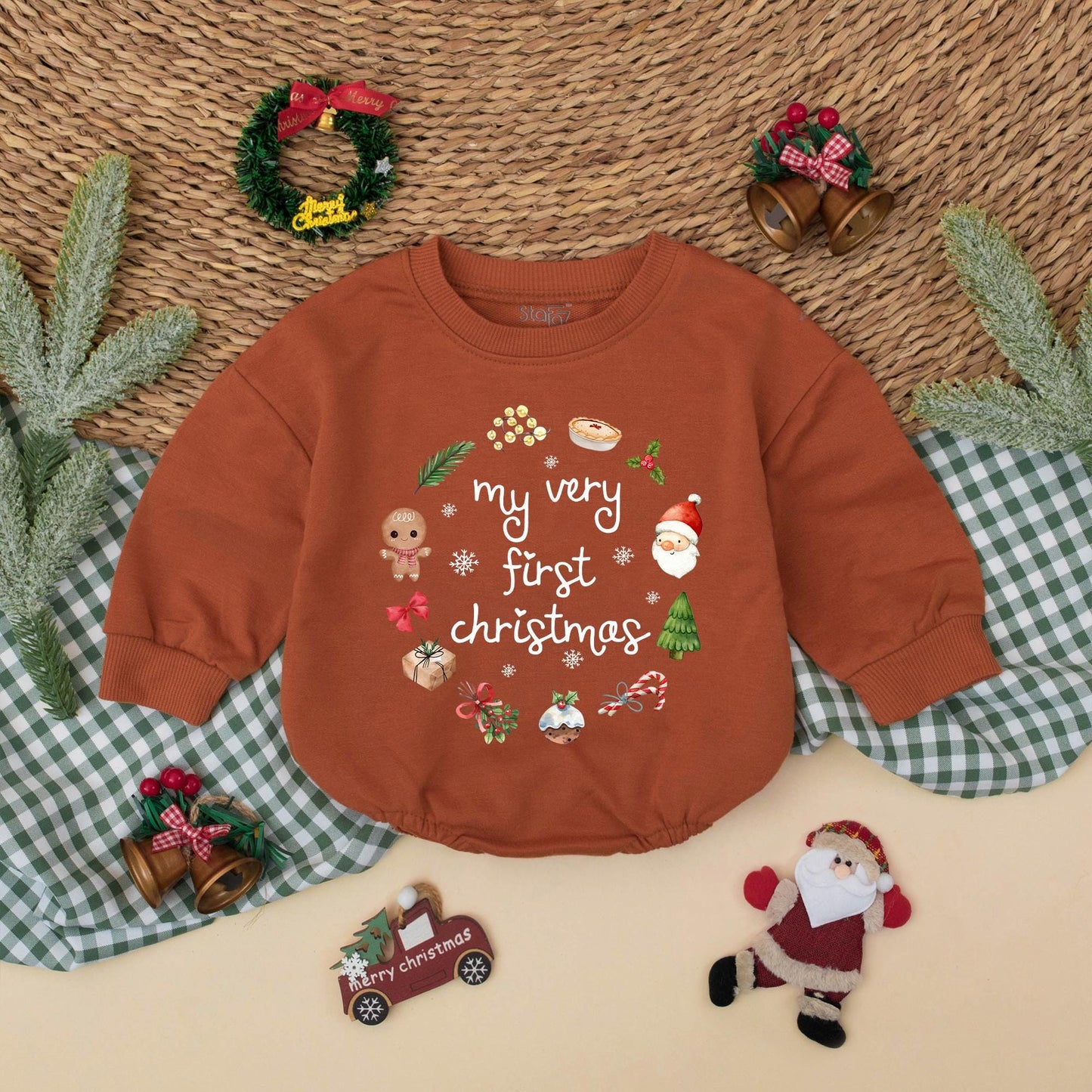 My First Christmas Bubble Romper Adorable Gingerbread Santa Tree Gift Newborn Baby Boy Girl Holiday Outfit Soft Muted Colors