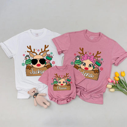 Personalized Cute Reindeer Family Christmas Shirt with Custom Name, Festive Snowman and Candy Stocking Holiday Tee with Red Green Snowflakes