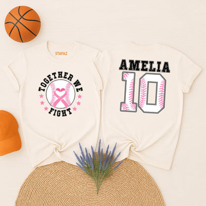 Personalized Name Number Baseball Breast Cancer Awareness Shirt with Pink Ribbon Heart Together We Fight Design Distressed Vintage Style Support Tee