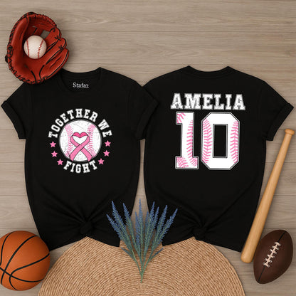 Personalized Name Number Baseball Breast Cancer Awareness Shirt with Pink Ribbon Heart Together We Fight Design Distressed Vintage Style Support Tee