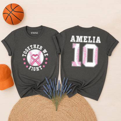 Personalized Name Number Baseball Breast Cancer Awareness Shirt with Pink Ribbon Heart Together We Fight Design Distressed Vintage Style Support Tee