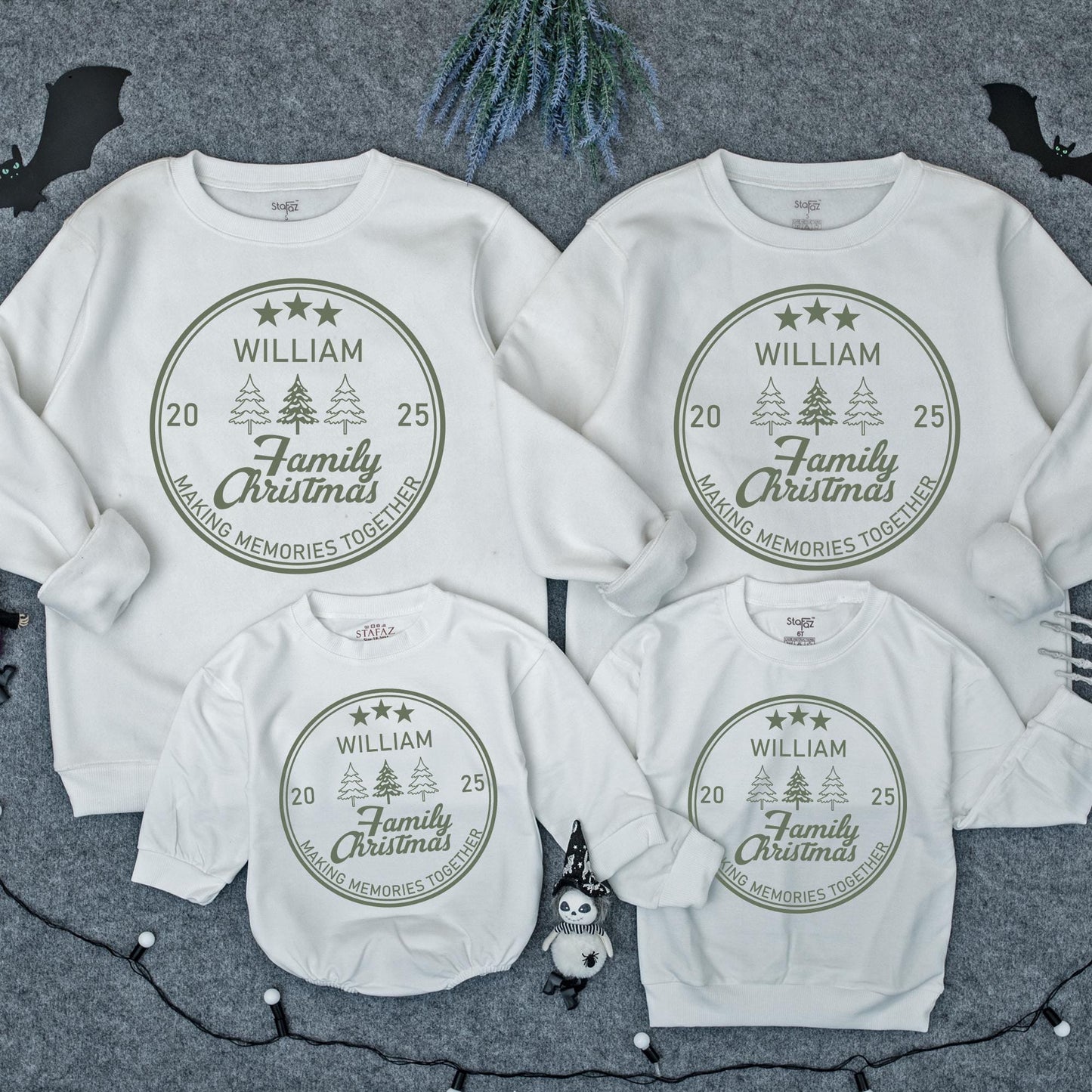 Matching Family Christmas Sweatshirts: Custom Olive Green Circle Design with Family Name & Trees 2025 Cotton Sweaters