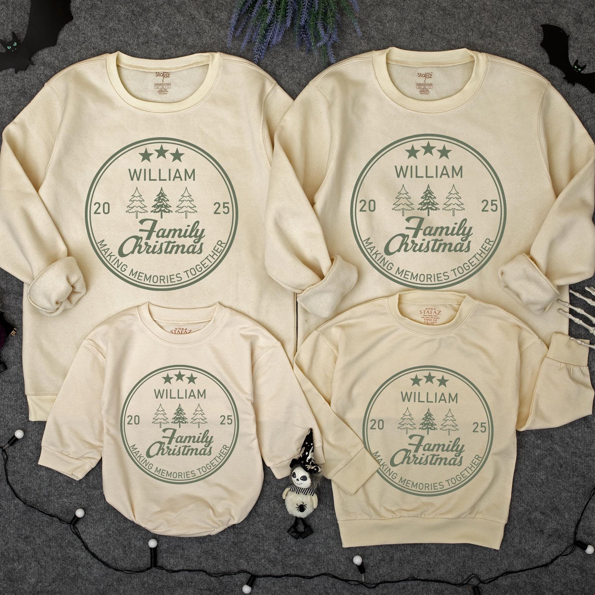 Matching Family Christmas Sweatshirts: Custom Olive Green Circle Design with Family Name & Trees 2025 Cotton Sweaters