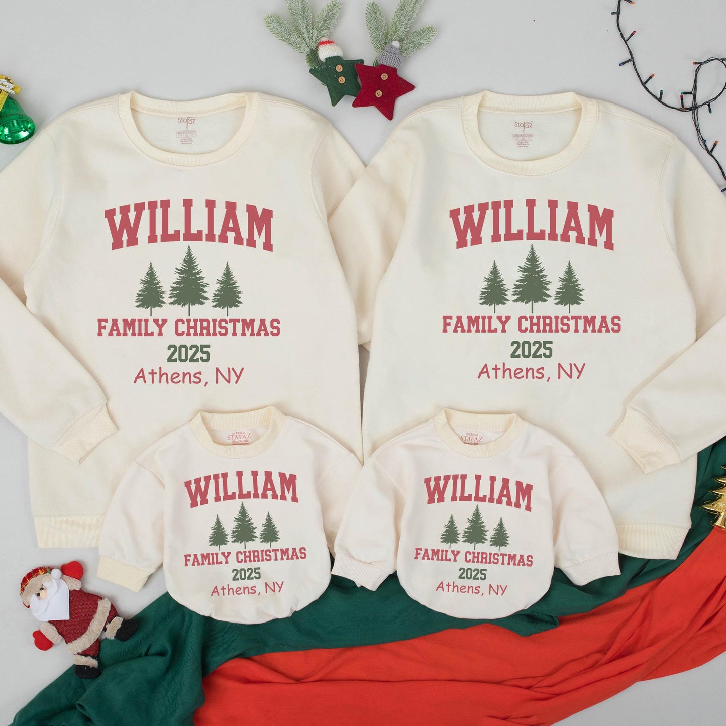 Personalized Matching Family Christmas Sweatshirt Romper Set for Mom Baby WILLIAM 2025 Athens NY Collegiate Pine Tree Cotton Holiday Apparel