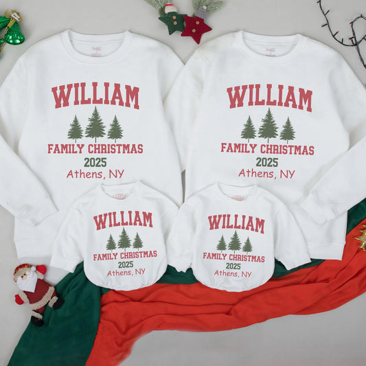 Personalized Matching Family Christmas Sweatshirt Romper Set for Mom Baby WILLIAM 2025 Athens NY Collegiate Pine Tree Cotton Holiday Apparel