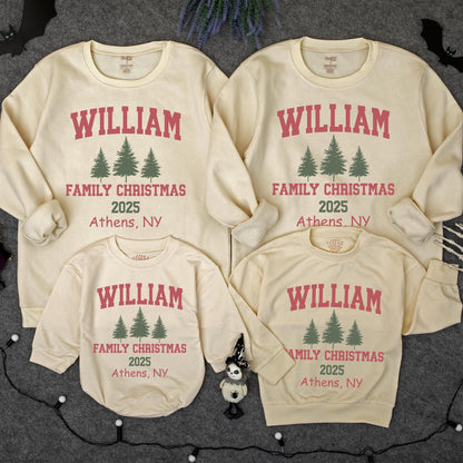 Personalized Matching Family Christmas Sweatshirt Romper Set for Mom Baby WILLIAM 2025 Athens NY Collegiate Pine Tree Cotton Holiday Apparel