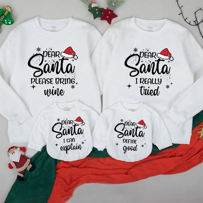 Funny Matching Family Dear Santa Christmas Sweatshirts with playful holiday quotes and festive Santa hat designs for cozy gatherings