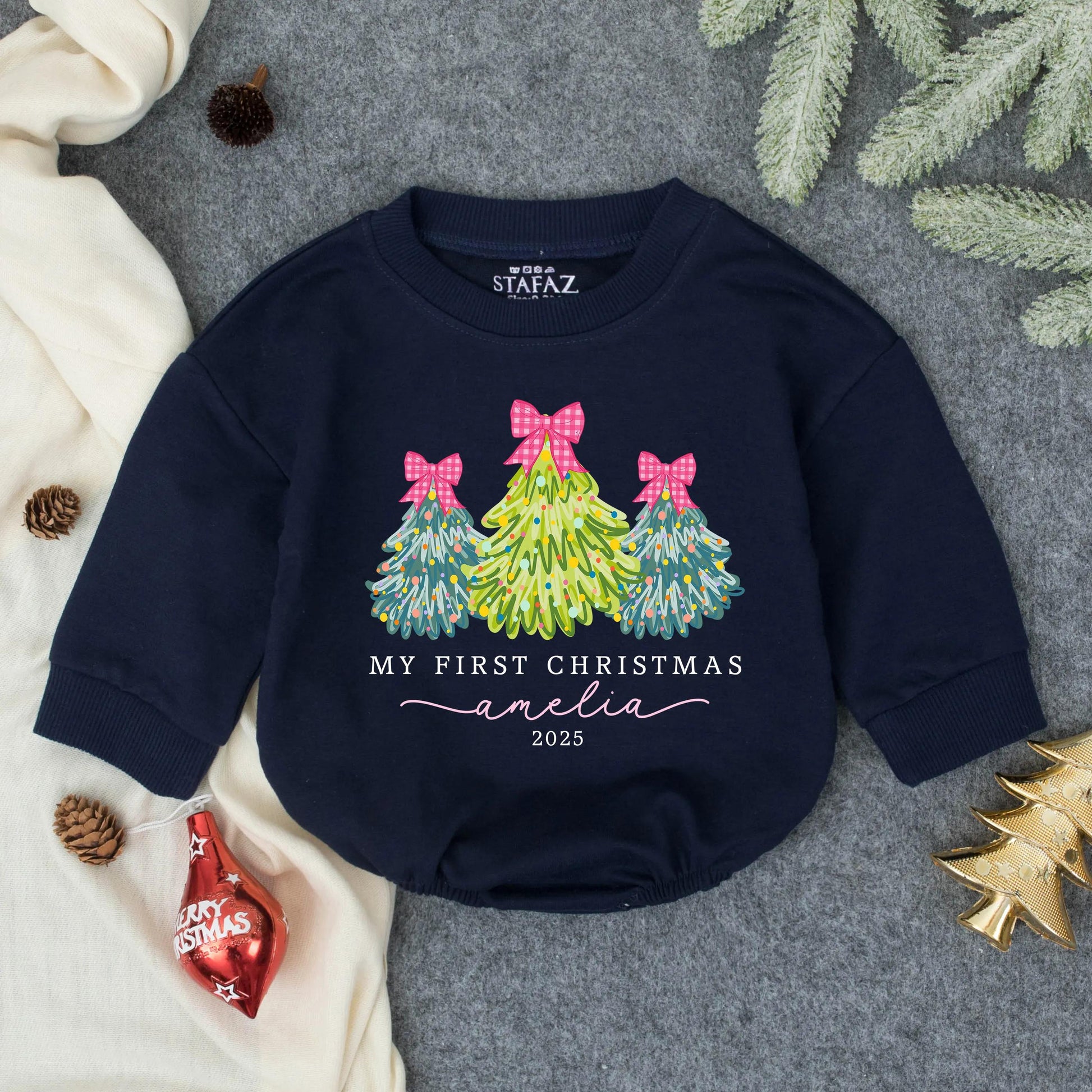 Personalized My First Christmas Bubble Romper for Baby Girl Pink Bow Christmas Tree Outfit 2025 Whimsical Watercolor Infant Toddler Festive Clothes