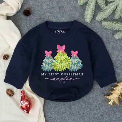 Personalized My First Christmas Bubble Romper for Baby Girl Pink Bow Christmas Tree Outfit 2025 Whimsical Watercolor Infant Toddler Festive Clothes