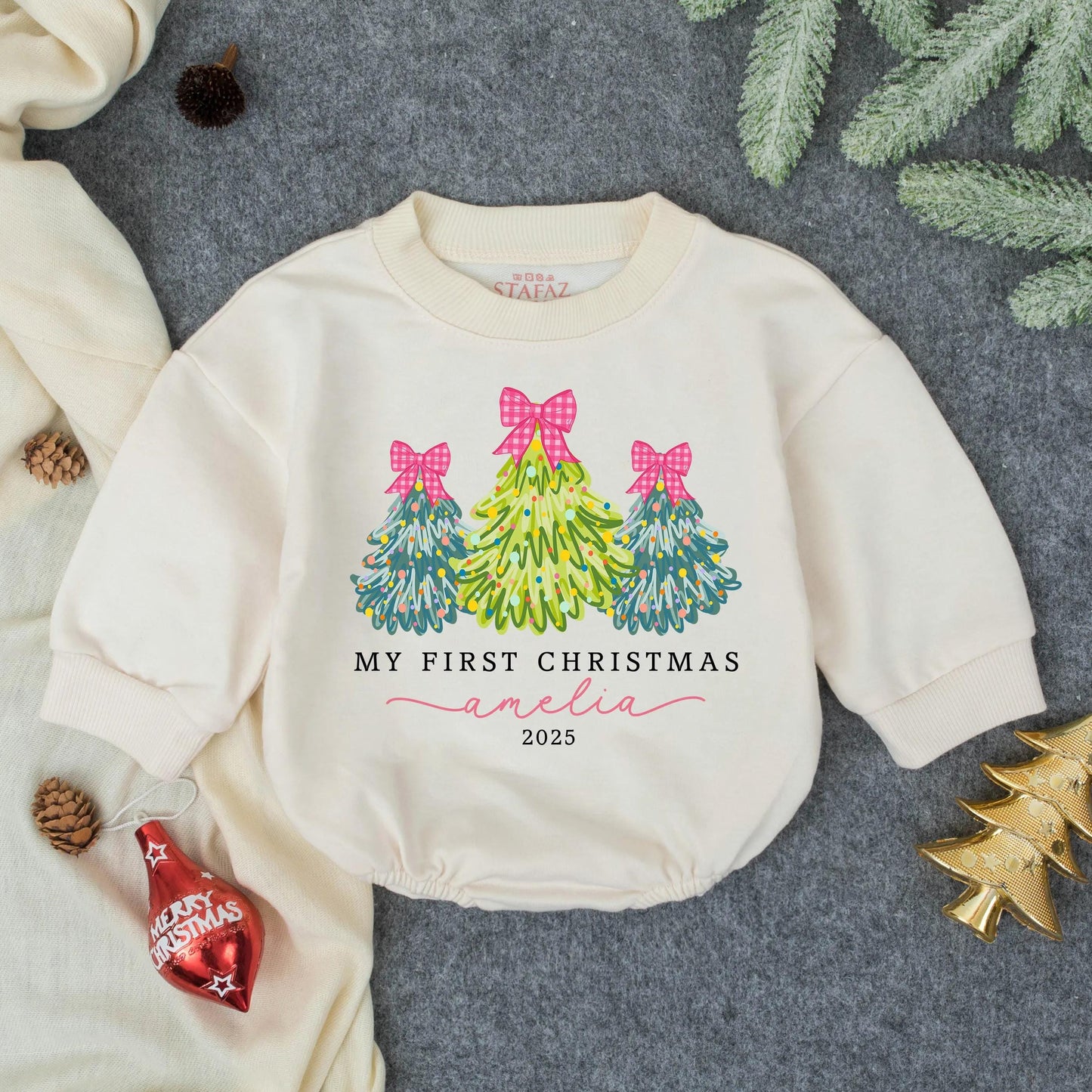 Personalized My First Christmas Bubble Romper for Baby Girl Pink Bow Christmas Tree Outfit 2025 Whimsical Watercolor Infant Toddler Festive Clothes