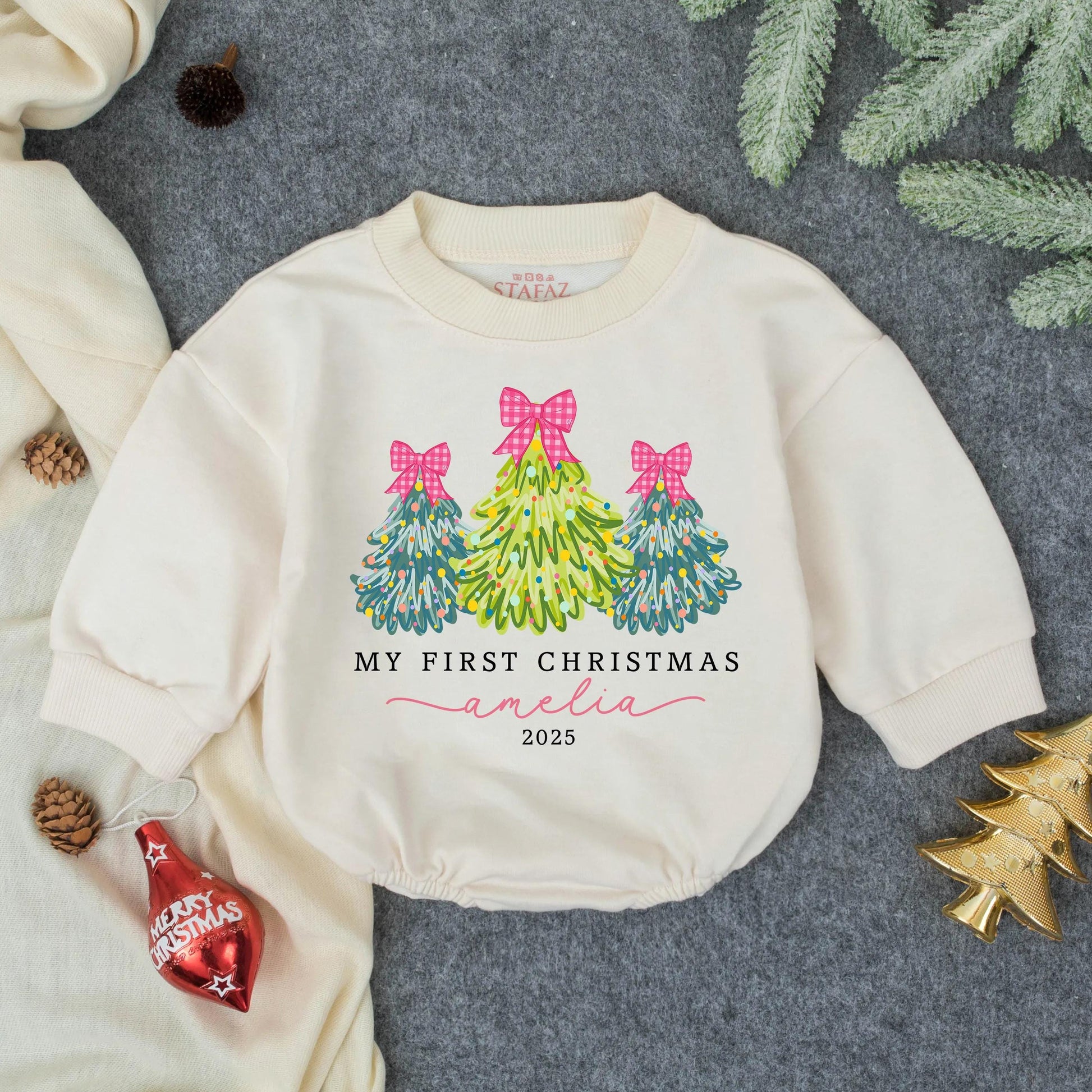Personalized My First Christmas Bubble Romper for Baby Girl Pink Bow Christmas Tree Outfit 2025 Whimsical Watercolor Infant Toddler Festive Clothes