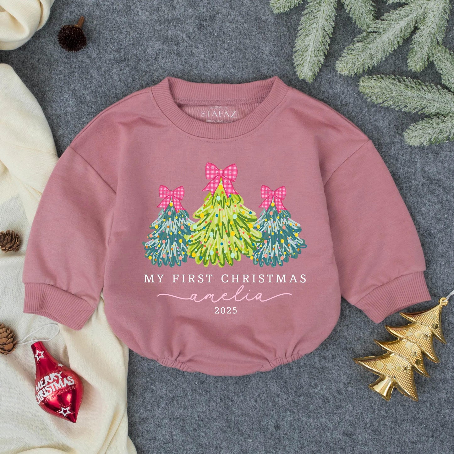 Personalized My First Christmas Bubble Romper for Baby Girl Pink Bow Christmas Tree Outfit 2025 Whimsical Watercolor Infant Toddler Festive Clothes