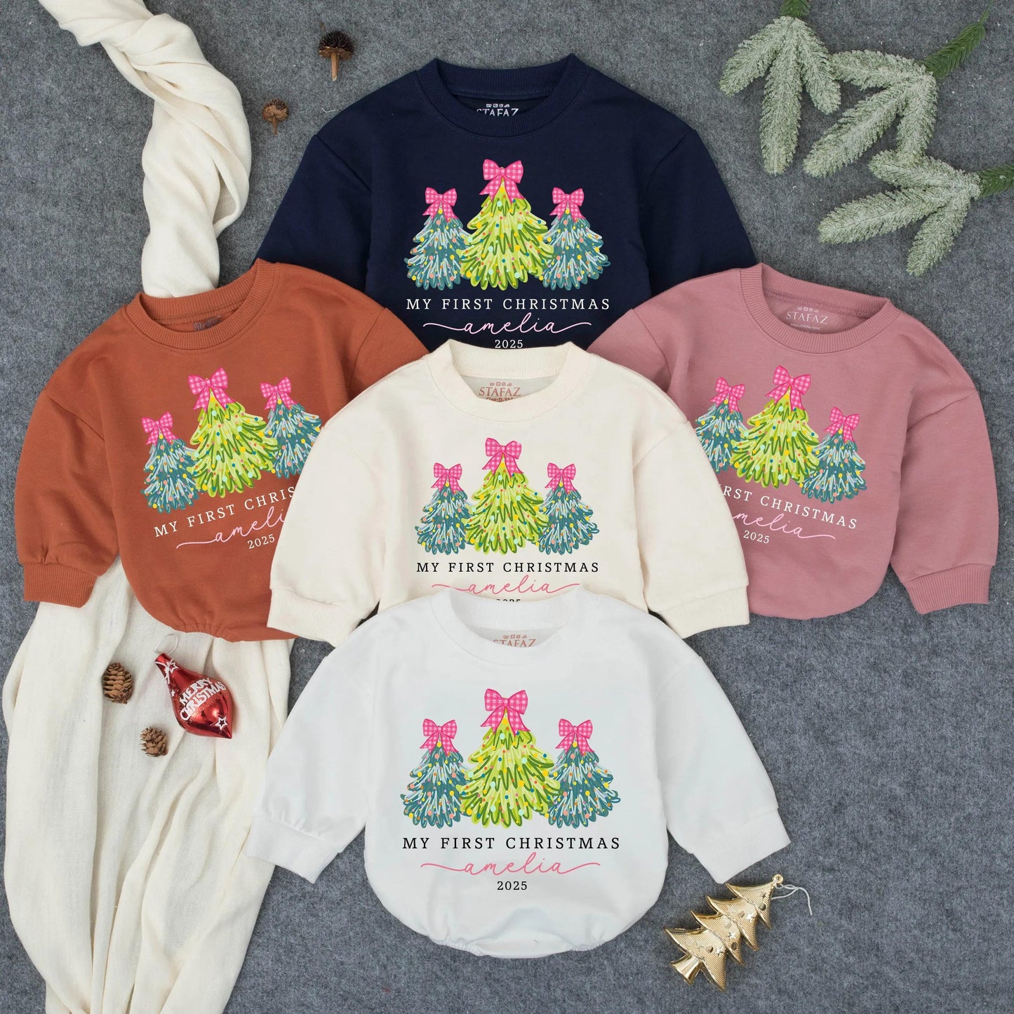 Personalized My First Christmas Bubble Romper for Baby Girl Pink Bow Christmas Tree Outfit 2025 Whimsical Watercolor Infant Toddler Festive Clothes