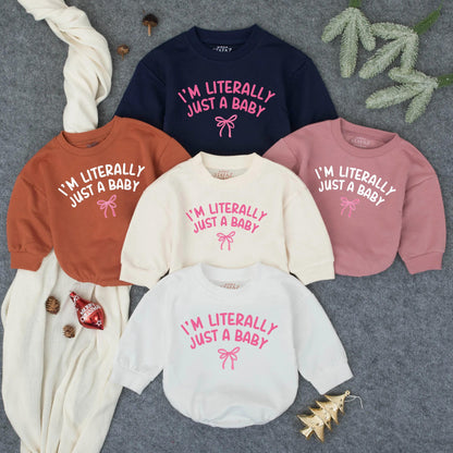 I'm Literally Just a Baby Bubble Romper Funny Gender Neutral Infant Outfit Cute Pink Ribbon Design Minimalist Newborn Clothes Gift