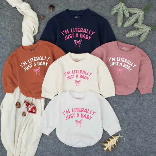 I'm Literally Just a Baby Bubble Romper Funny Gender Neutral Infant Outfit Cute Pink Ribbon Design Minimalist Newborn Clothes Gift