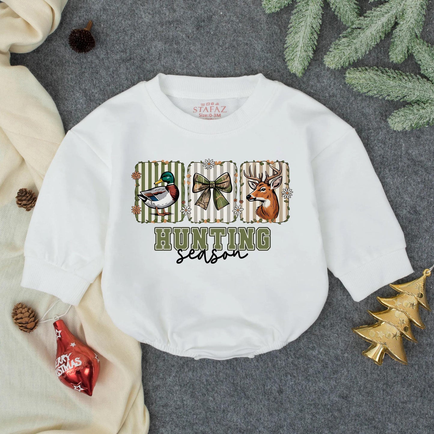 Hunting Season Romper: Camo Bow & Duck, Deer Cartoon Design for Baby Girl, Toddler Fall Outfit Clothes, Hunting Buddy Style, Outdoor Adventure Cute! (139)