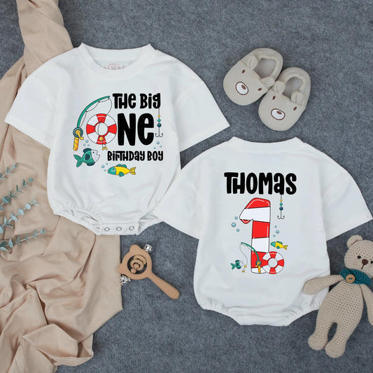 Personalized The Big One Fishing Boy 1st Birthday Romper Outfit, Toddler Fisherman Clothes, Custom Thomas, Fishing Party Theme