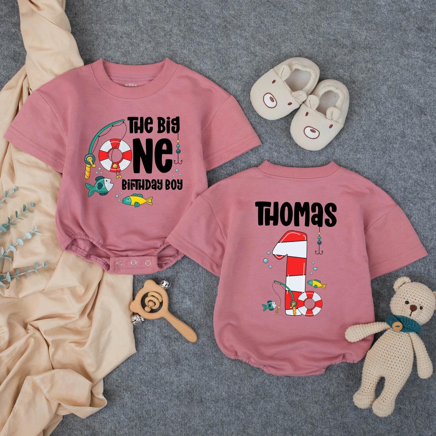 Personalized The Big One Fishing Boy 1st Birthday Romper Outfit, Toddler Fisherman Clothes, Custom Thomas, Fishing Party Theme