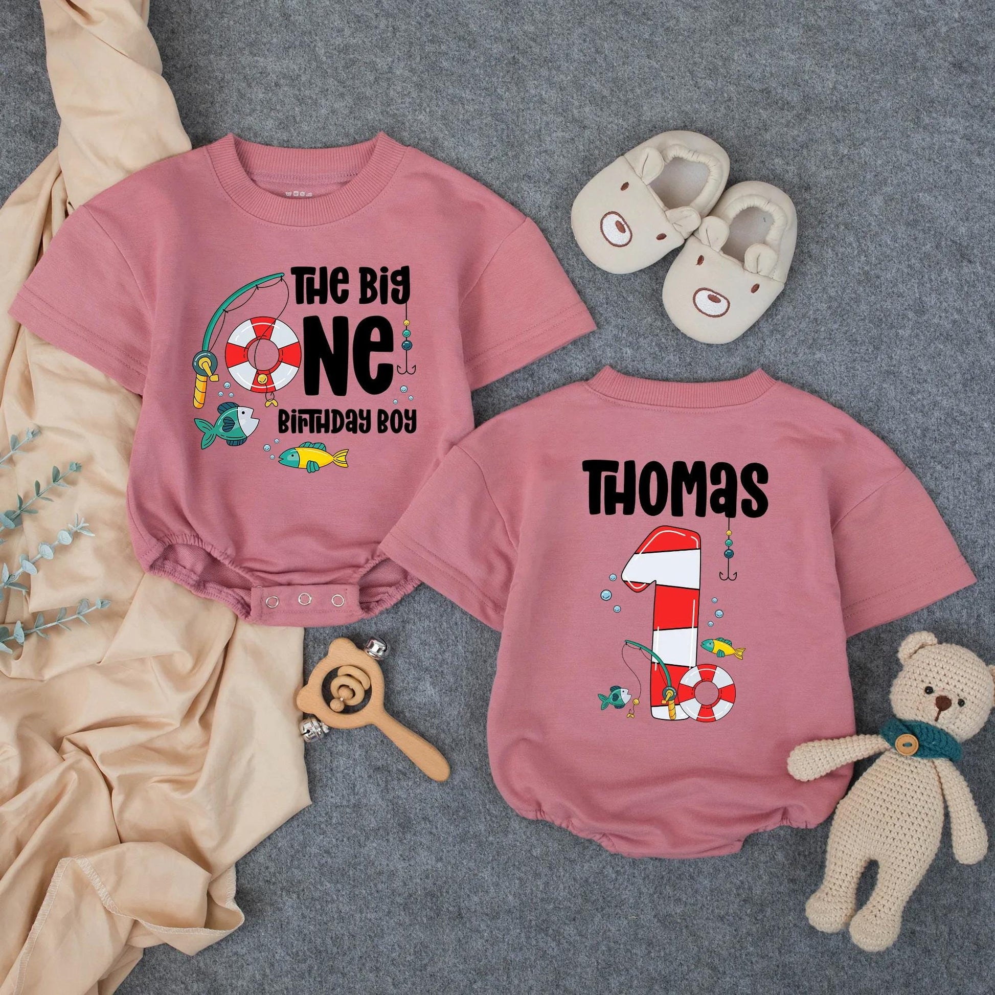 Personalized The Big One Fishing Boy 1st Birthday Romper Outfit, Toddler Fisherman Clothes, Custom Thomas, Fishing Party Theme