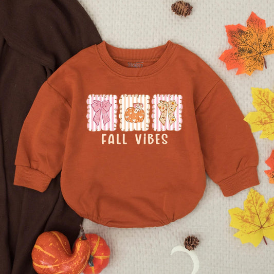 Cozy Fall Pumpkin Bow Bubble Romper Cute Baby Toddler Thanksgiving Outfit with adorable pumpkin bow, perfect autumn baby shower gift for little ones