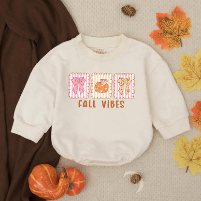 Cozy Fall Pumpkin Bow Bubble Romper Cute Baby Toddler Thanksgiving Outfit with adorable pumpkin bow, perfect autumn baby shower gift for little ones