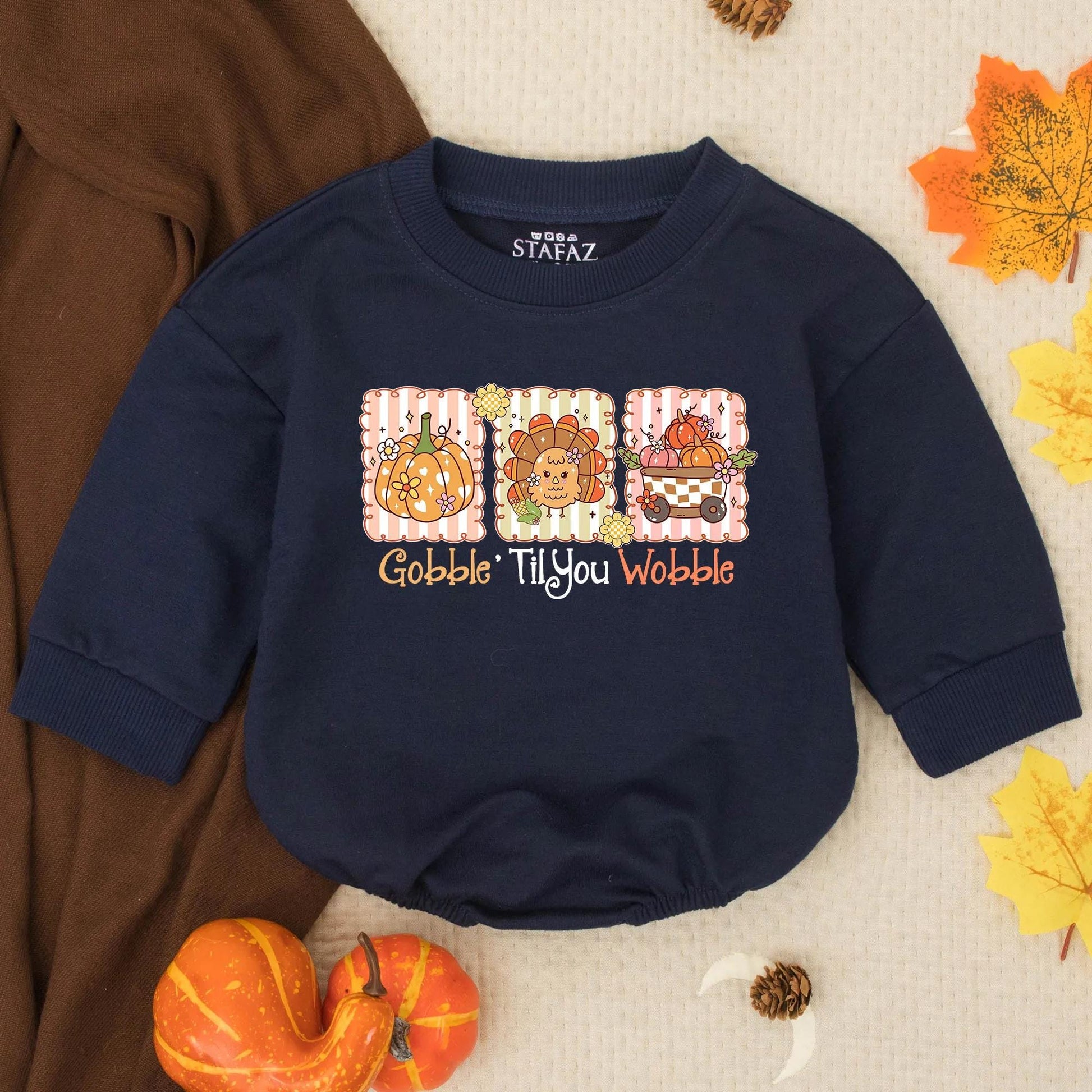 Gobble Til You Wobble Thanksgiving Baby Bubble Romper funny cute infant toddler outfit with whimsical pumpkin turkey flower wagon design orange pink brown colors