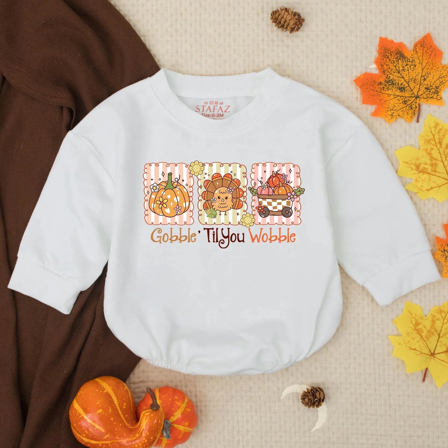 Gobble Til You Wobble Thanksgiving Baby Bubble Romper funny cute infant toddler outfit with whimsical pumpkin turkey flower wagon design orange pink brown colors