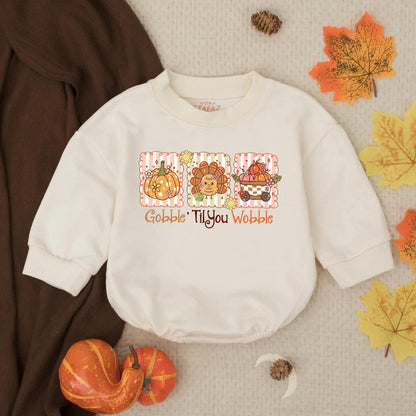 Gobble Til You Wobble Thanksgiving Baby Bubble Romper funny cute infant toddler outfit with whimsical pumpkin turkey flower wagon design orange pink brown colors