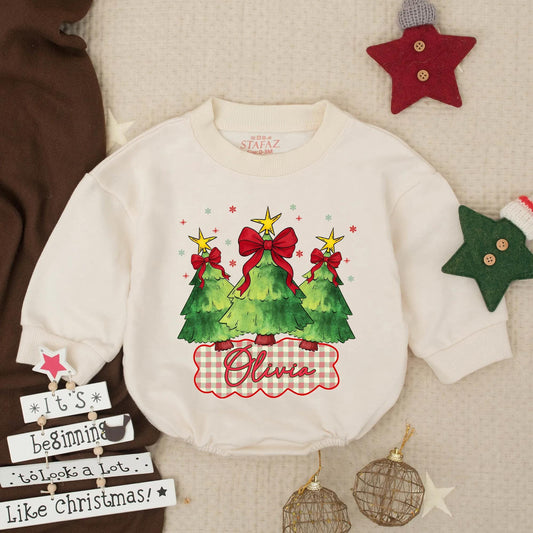 Olivia's First Christmas Romper Baby Girl Outfit, Holiday Tree Design, Custom Name Toddler Christmas Clothes, Festive Winter Baby Gift