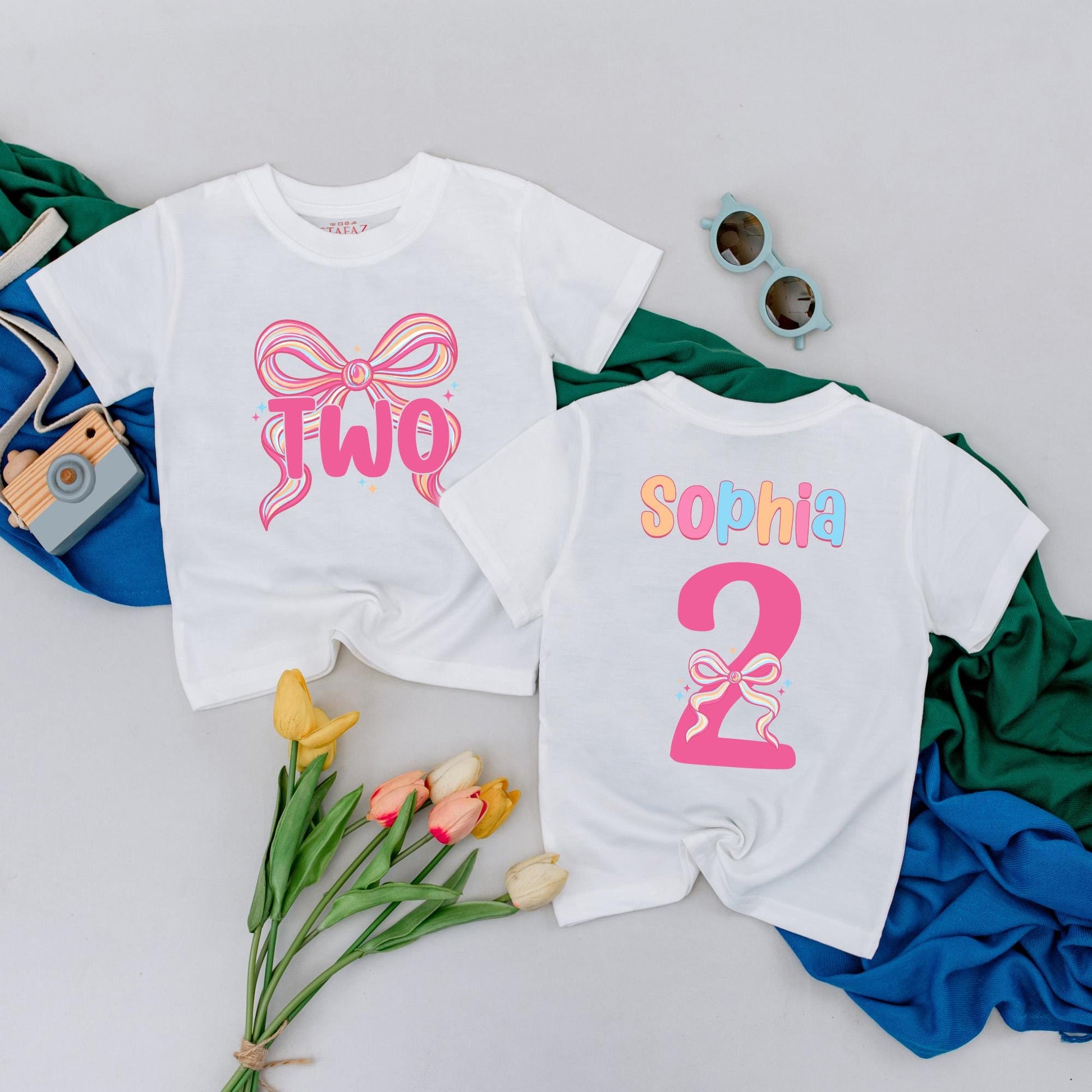 Sophia's Colorful Bow Personalized Two Birthday Girl T-Shirt Toddler Baby Celebration Outfit Pink Yellow Blue Party Gift Second Birthday Tee