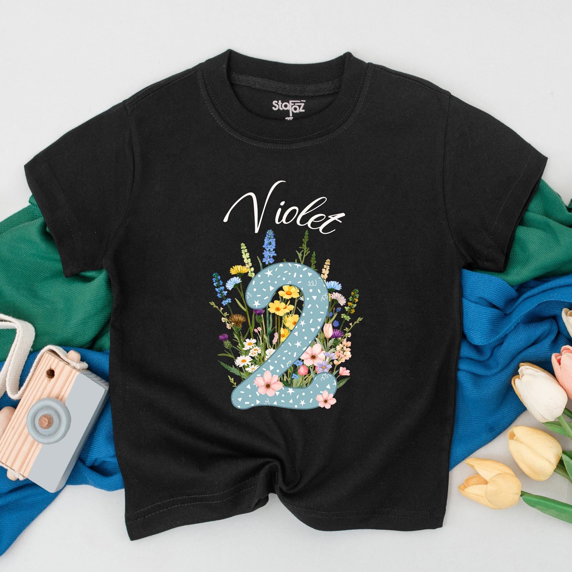 Personalized Violet Wildflower Two Birthday T-Shirt for Girls, Floral 2nd Birthday Party Toddler Outfit with Starry Blue Number 2 and Whimsical Blooms Cotton Comfortable Gift Idea