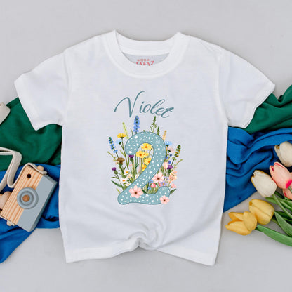 Personalized Violet Wildflower Two Birthday T-Shirt for Girls, Floral 2nd Birthday Party Toddler Outfit with Starry Blue Number 2 and Whimsical Blooms Cotton Comfortable Gift Idea
