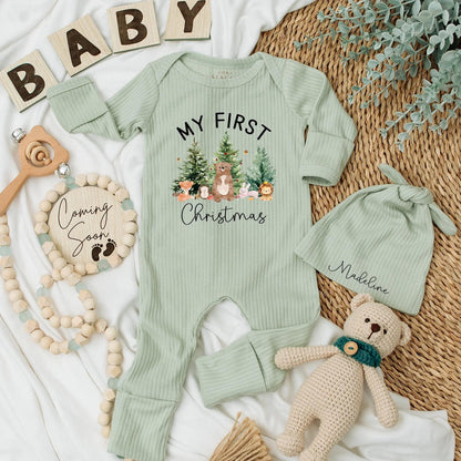 My First Christmas Baby Bodysuit with Cute Animal & Christmas Tree Design, Newborn Xmas Gift, Custom Name Option, Baby Shower Present
