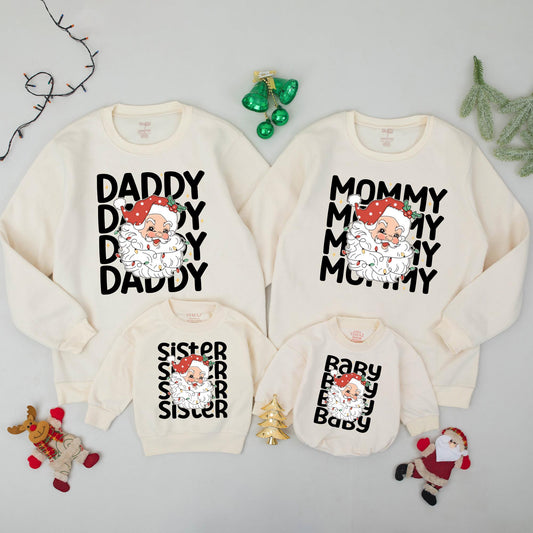 Custom Retro Santa Family Christmas Sweatshirt Matching Outfits Mommy Daddy Baby Xmas Holiday Gift
