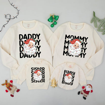 Custom Retro Santa Family Christmas Sweatshirt Matching Outfits Mommy Daddy Baby Xmas Holiday Gift