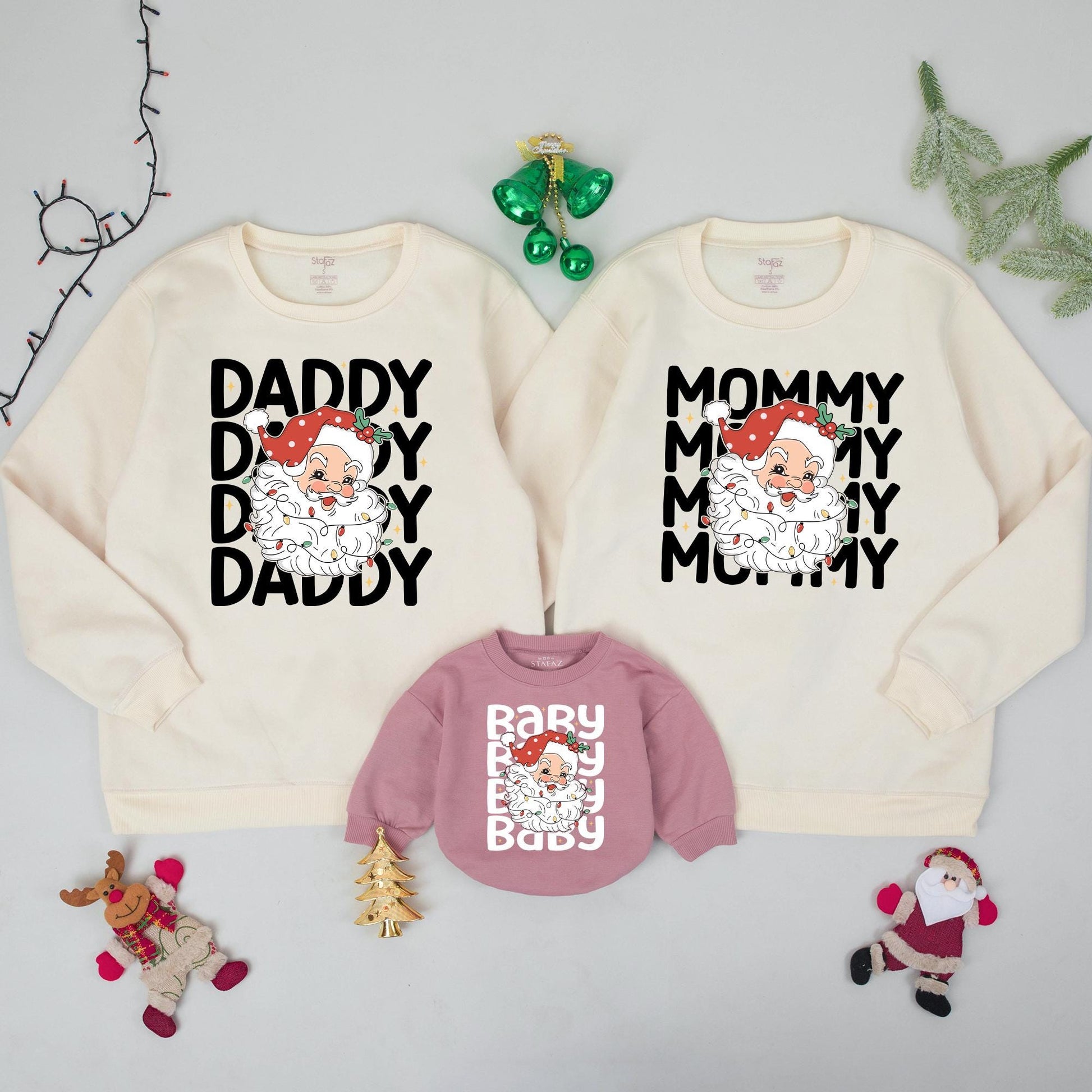 Custom Retro Santa Family Christmas Sweatshirt Matching Outfits Mommy Daddy Baby Xmas Holiday Gift