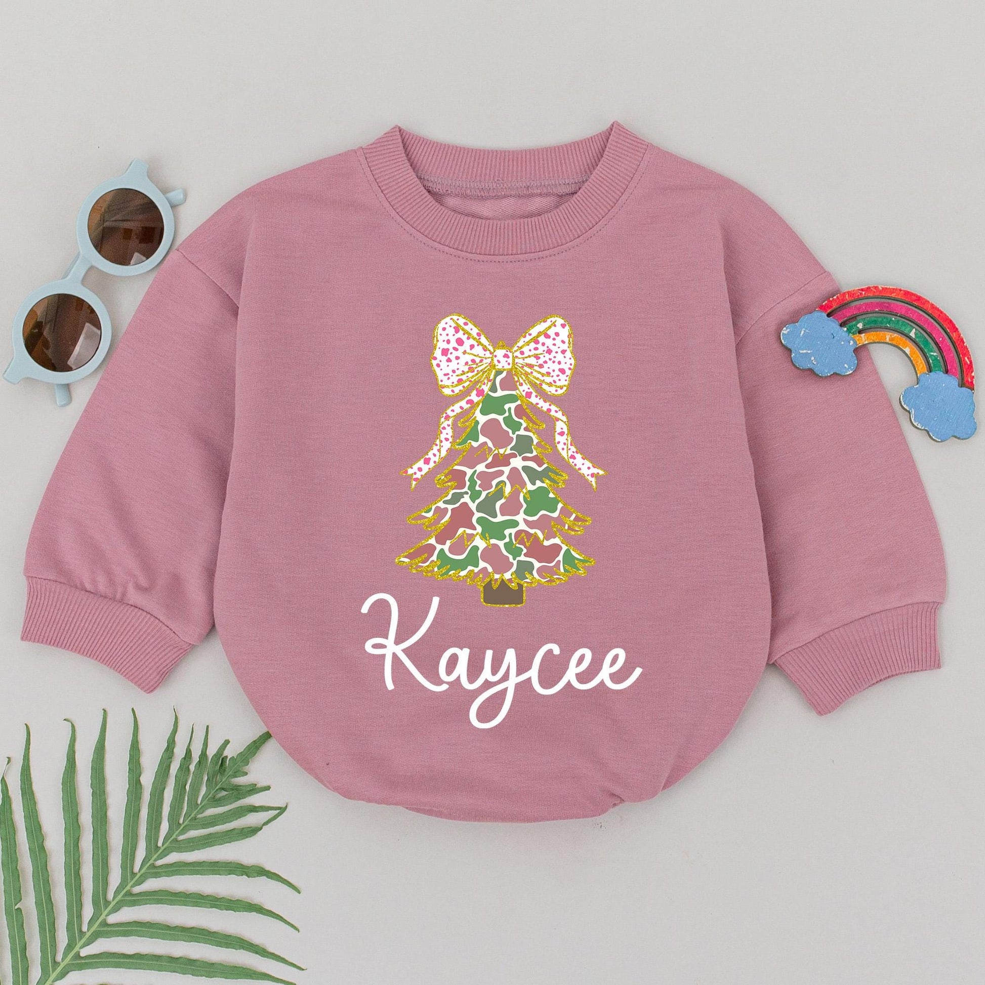 Personalized Baby Girl Camo Christmas Tree Romper Pink Polka Dot Bow First Christmas Newborn Outfit Festive Holiday Gift