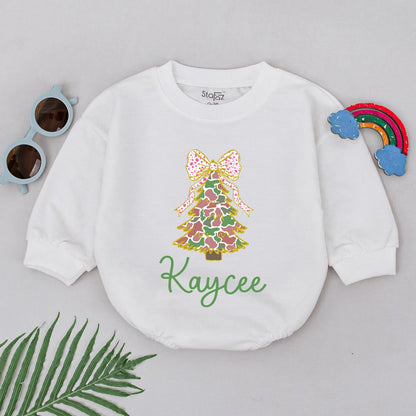 Personalized Baby Girl Camo Christmas Tree Romper Pink Polka Dot Bow First Christmas Newborn Outfit Festive Holiday Gift