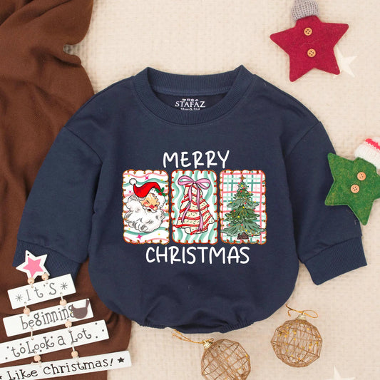 Merry Christmas Candy Cane Bow Bubble Romper First Christmas Baby Toddler Outfit featuring Pine Tree design, a sweet Winter Holiday Infant Newborn Gift