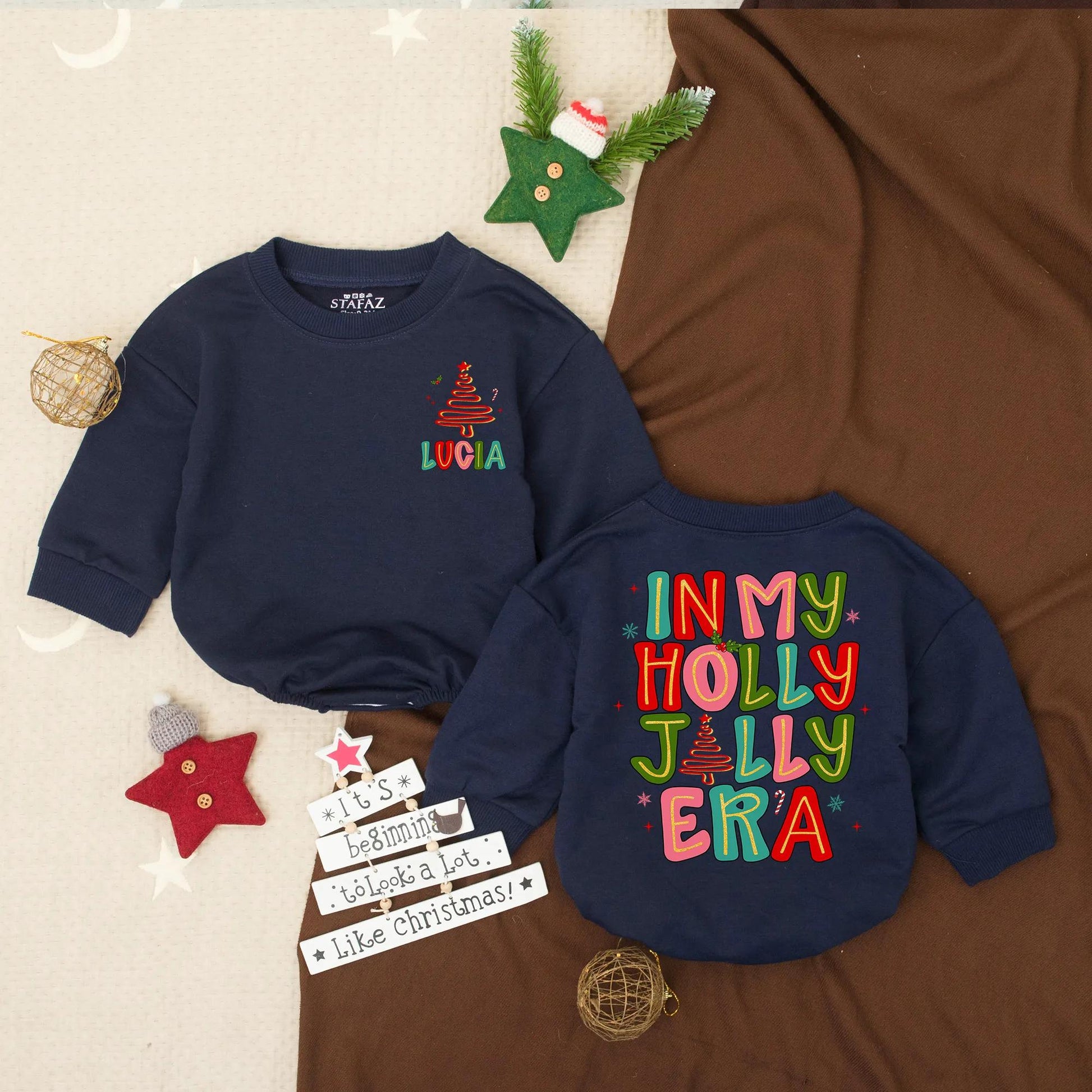 In My Holly Jolly Era Bubble Romper Personalized First Christmas Outfit for Girl Infant Santa Clothes Toddler Winter Gift with Cartoon Tree