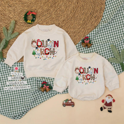 Christmas Cousin Crew Romper Sweatshirt, Matching Holiday Outfit for Baby, Toddler, Kids Xmas Party Clothes with Santa, Lights, Reindeer, Tree Design (139 chars)